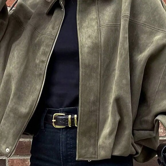 Army Green Casual Women's Loose Long Sleeves Zip up Bomber Coat Jacket - Picture 4 of 6